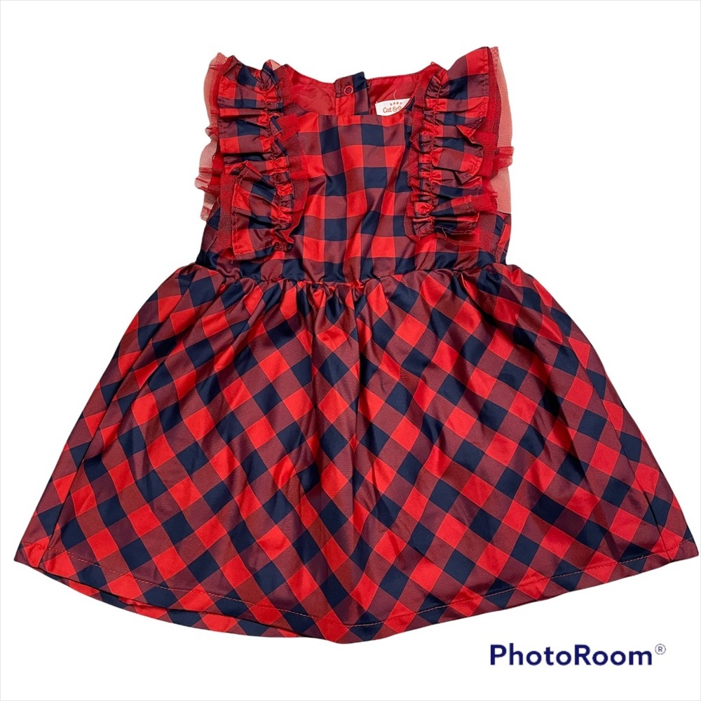 CAT & JACK Baby Girl Sz 18 Mos Dress Buffalo Plaid Navy Blue Red Silky Christmas
